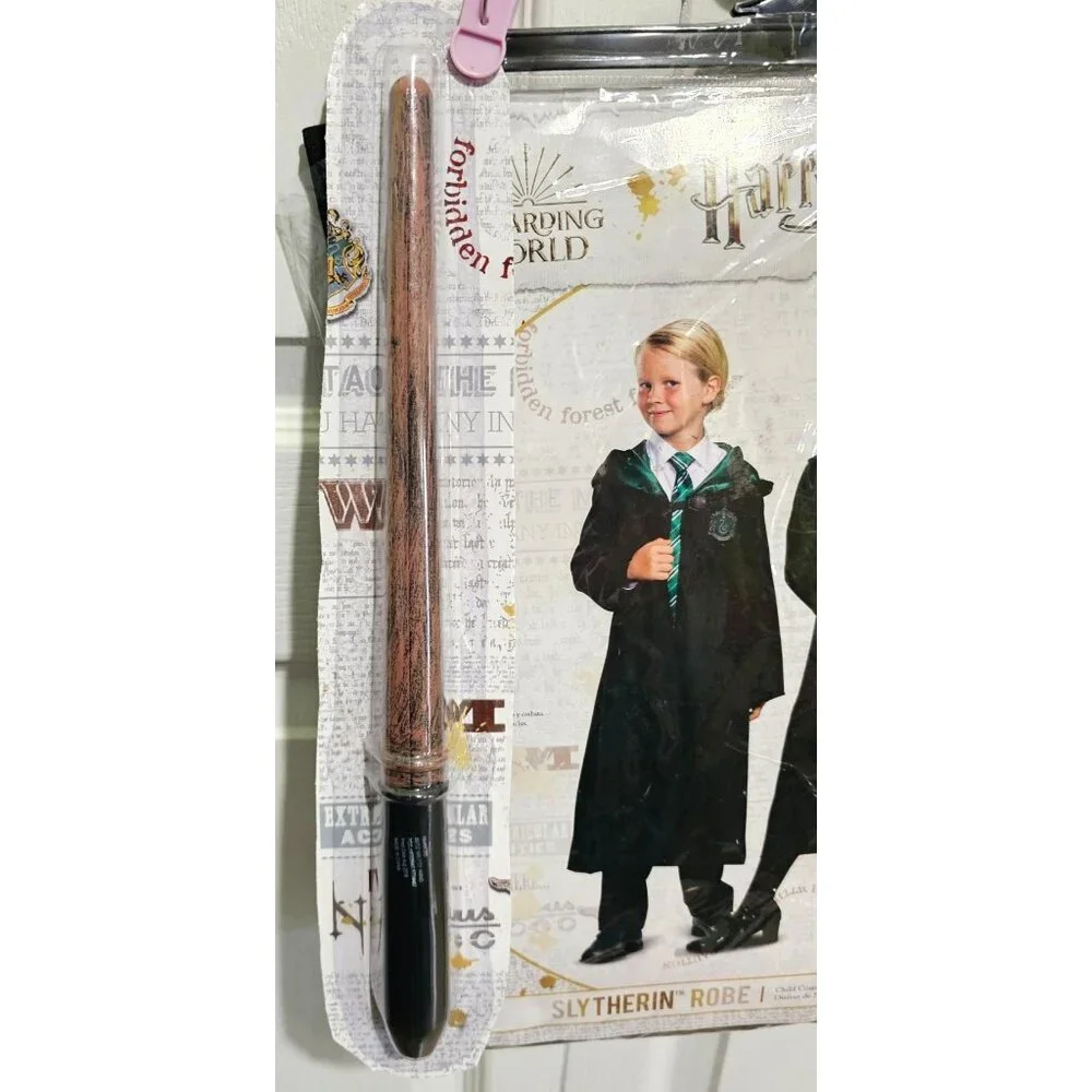 Harry Potter Slytherin Kids Costume 10-12 Robe Cloak Hogwarts and Draco Wand